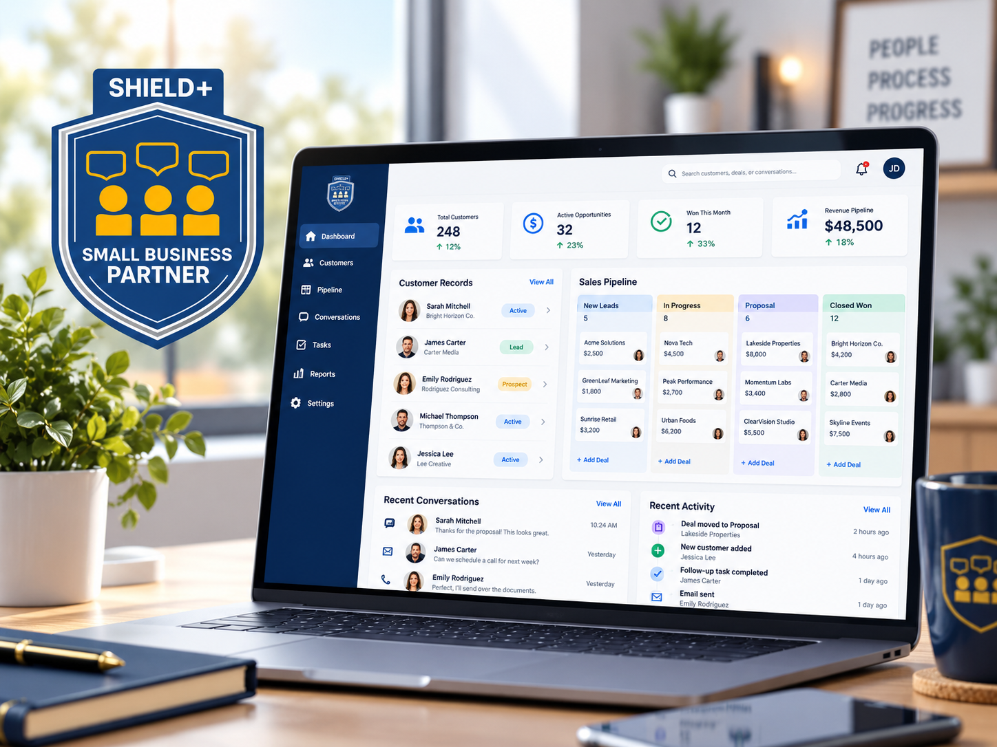 Shield+ CRM customer and lead management workspace