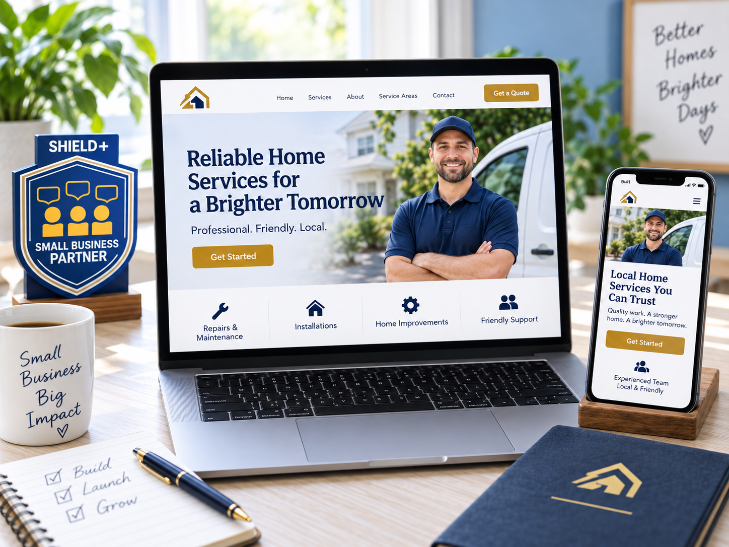 Professional Shield+ small-business website shown on desktop and mobile