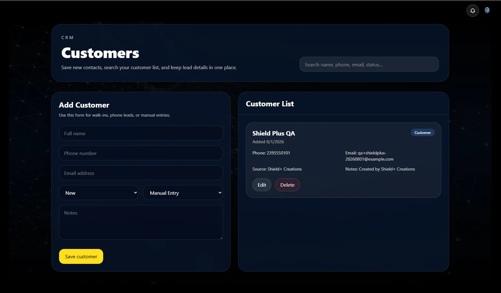 Shield+ Customer Operations software showing customer records, search, and add-customer tools