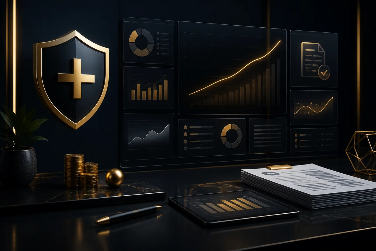Premium Shield+ Finance workspace with cash-flow charts and financial controls