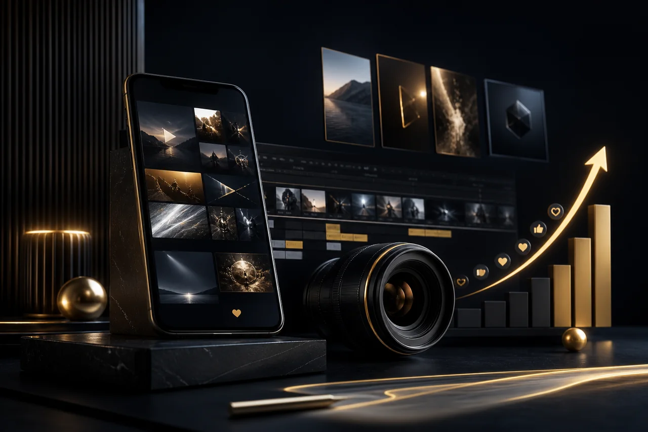 Premium Shield+ video marketing studio with mobile content, camera equipment, and growth analytics