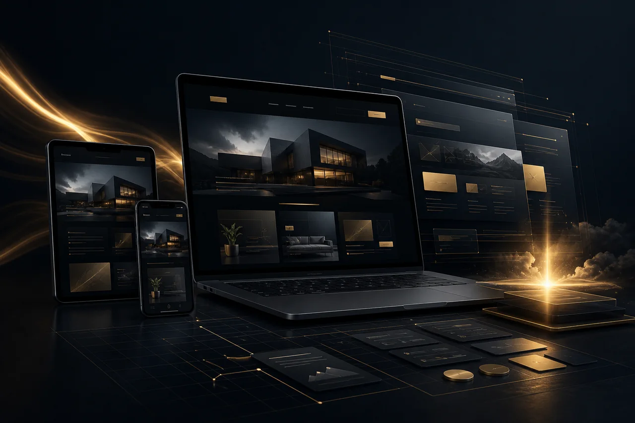 Responsive business website production shown across laptop, tablet, and phone